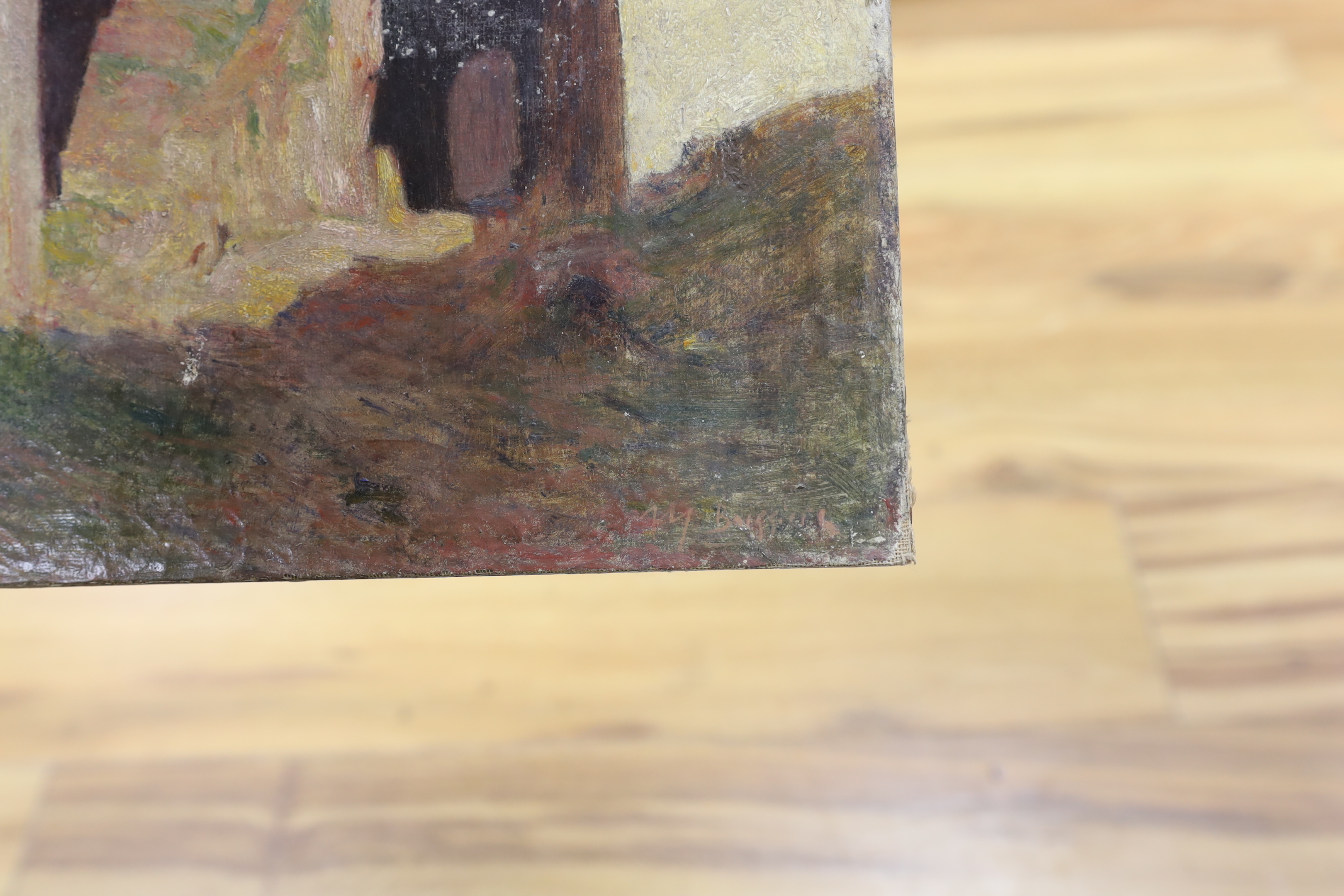 French School, oil on canvas, Street scene, indistinctly signed lower right, 36 x 26cm, unframed
